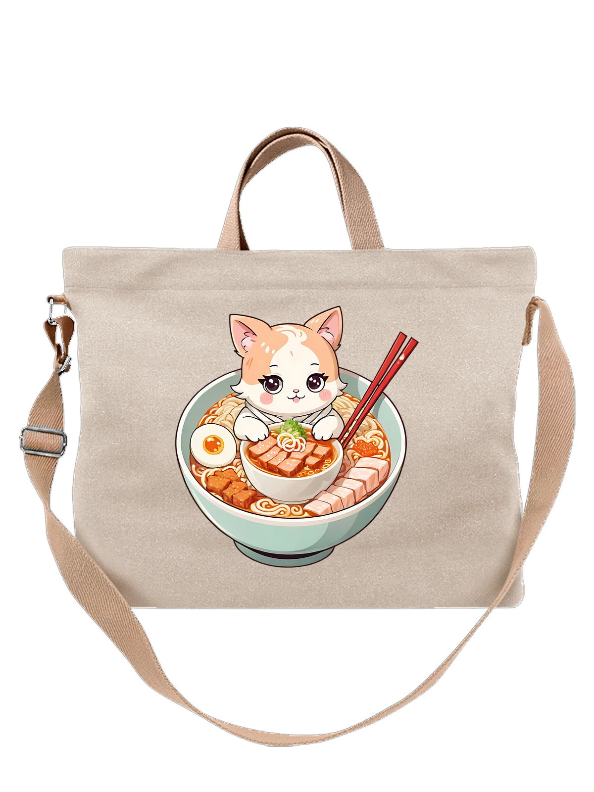 Сумка бежевая с принтом Милый котенок в миске рамена с лапшой — кусочки мяса — Бежевая, фото 1