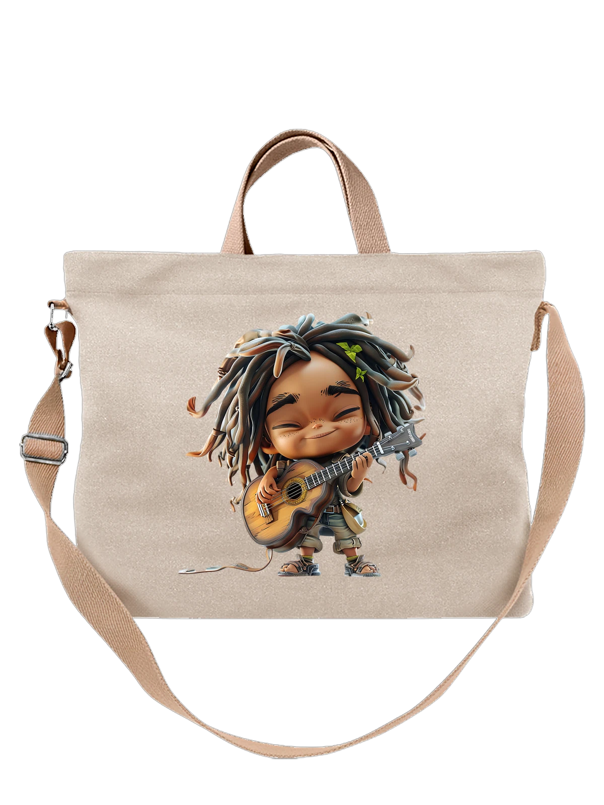 Сумка бежевая с принтом Мальчик-гитарист с дредами и укулеле — милый арт — Бежевая, фото 1