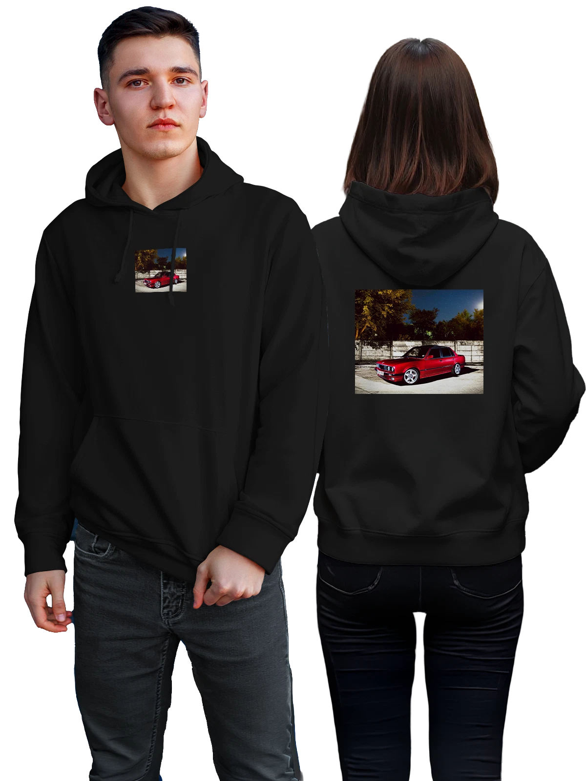 Худи Машина вишневая BMW под звездным небом чёрное с принтом — любителю астрономии — Чёрная, фото 1