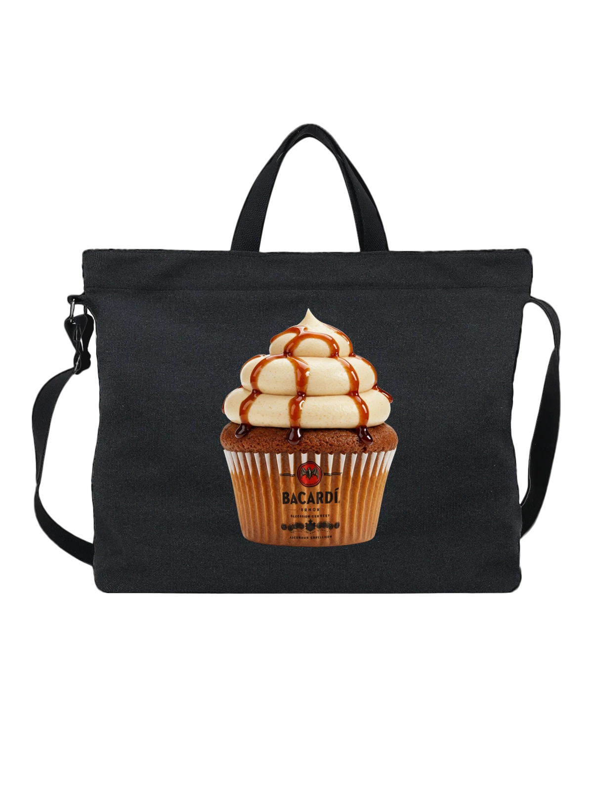 Сумка чёрная с принтом Bacardi cupcake с кремом и карамелью — фирменный десерт — Чёрная, фото 1