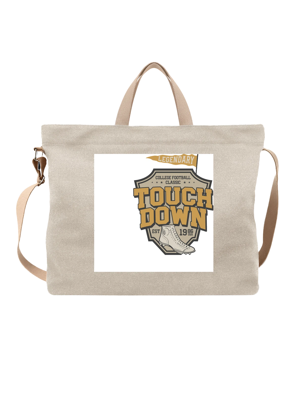 Сумка бежевая с принтом College Football Touch Down с бутсой USA — USA 1986 — Бежевая, фото 1