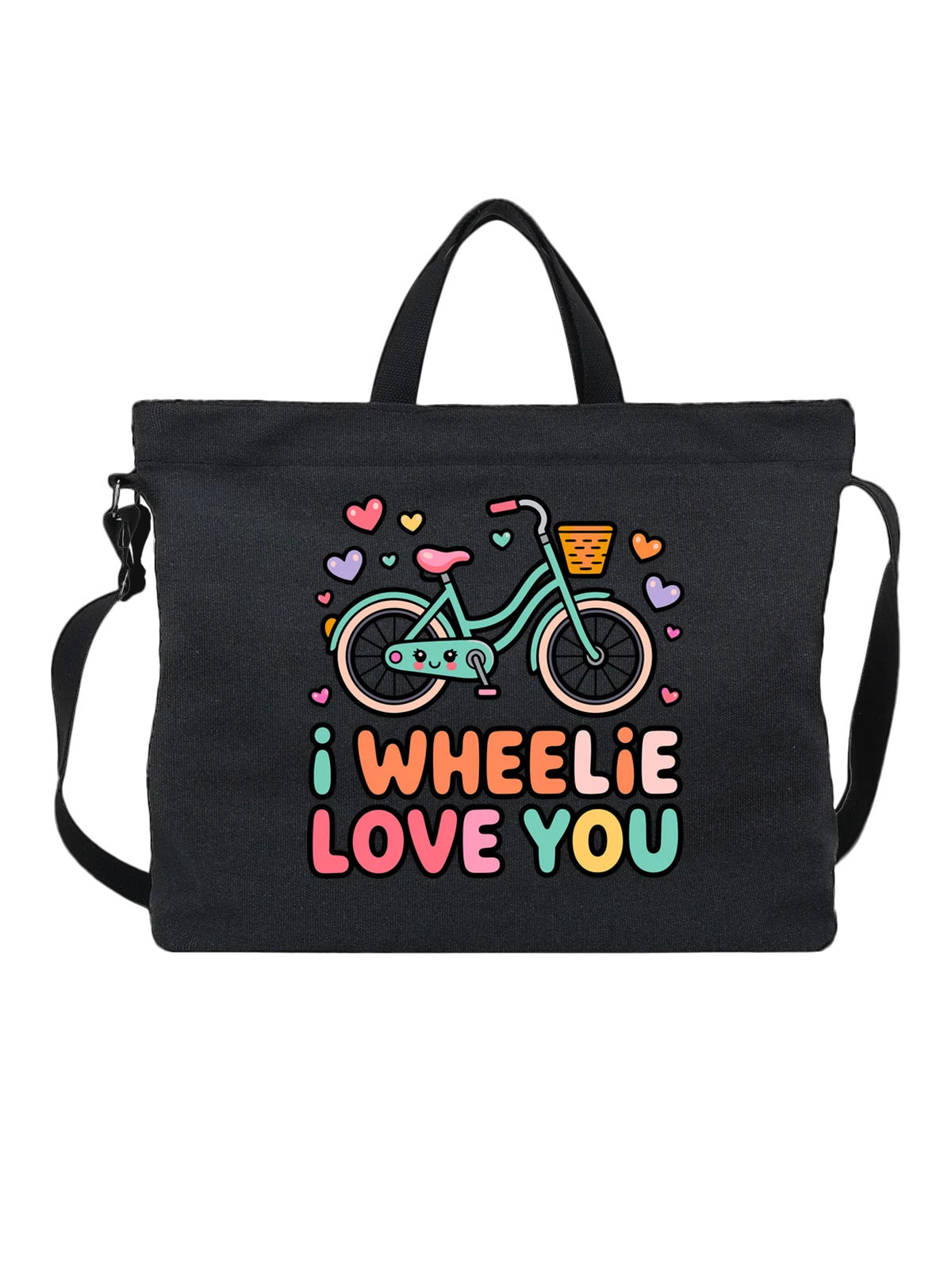 Сумка чёрная с принтом Милый велосипед I Wheelie Love You — kawaii арт — Чёрная, фото 1