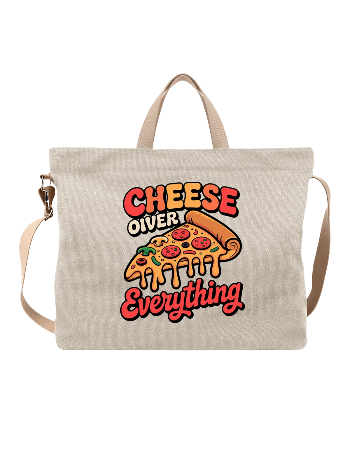 Сумка бежевая с принтом Пицца чизбургер с надписью Cheese Over Everything — фастфуд — Бежевая, фото 1