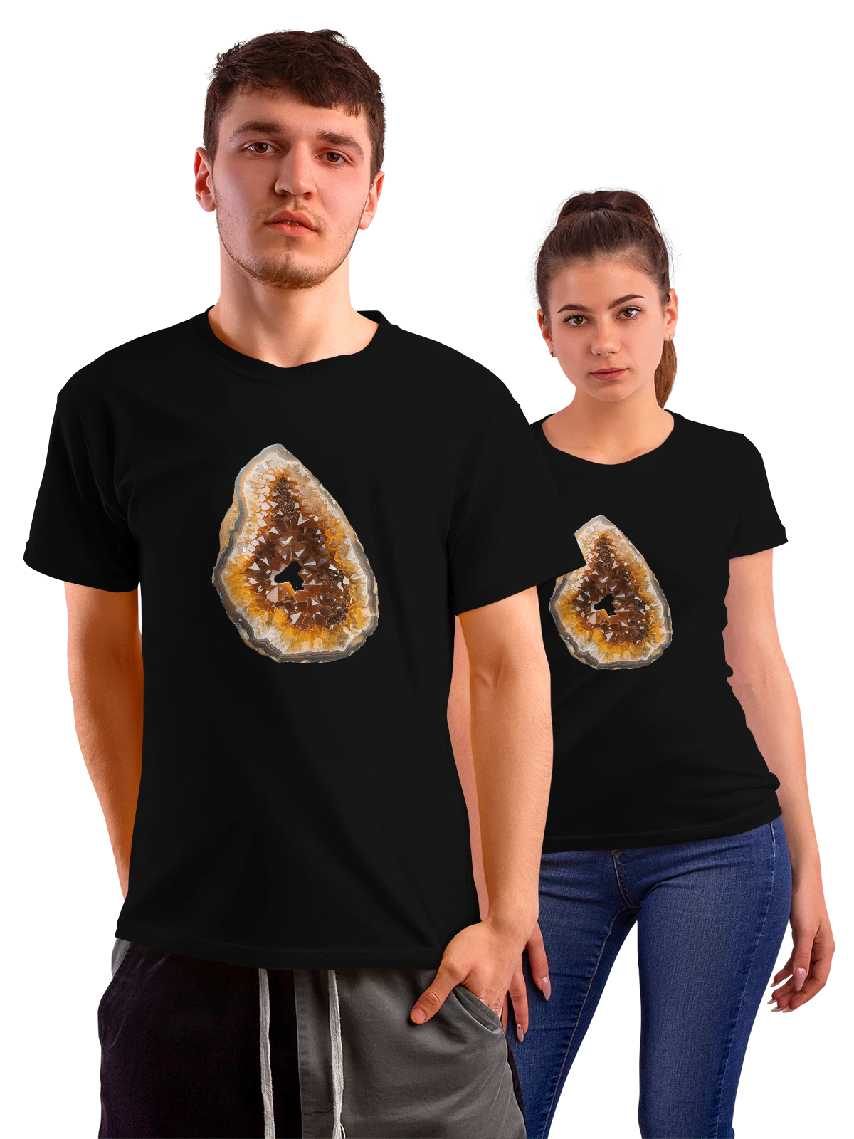 Футболка с оранжевым срезом агата и кристаллами чёрная с принтом — природный камень — Чёрная, фото 1