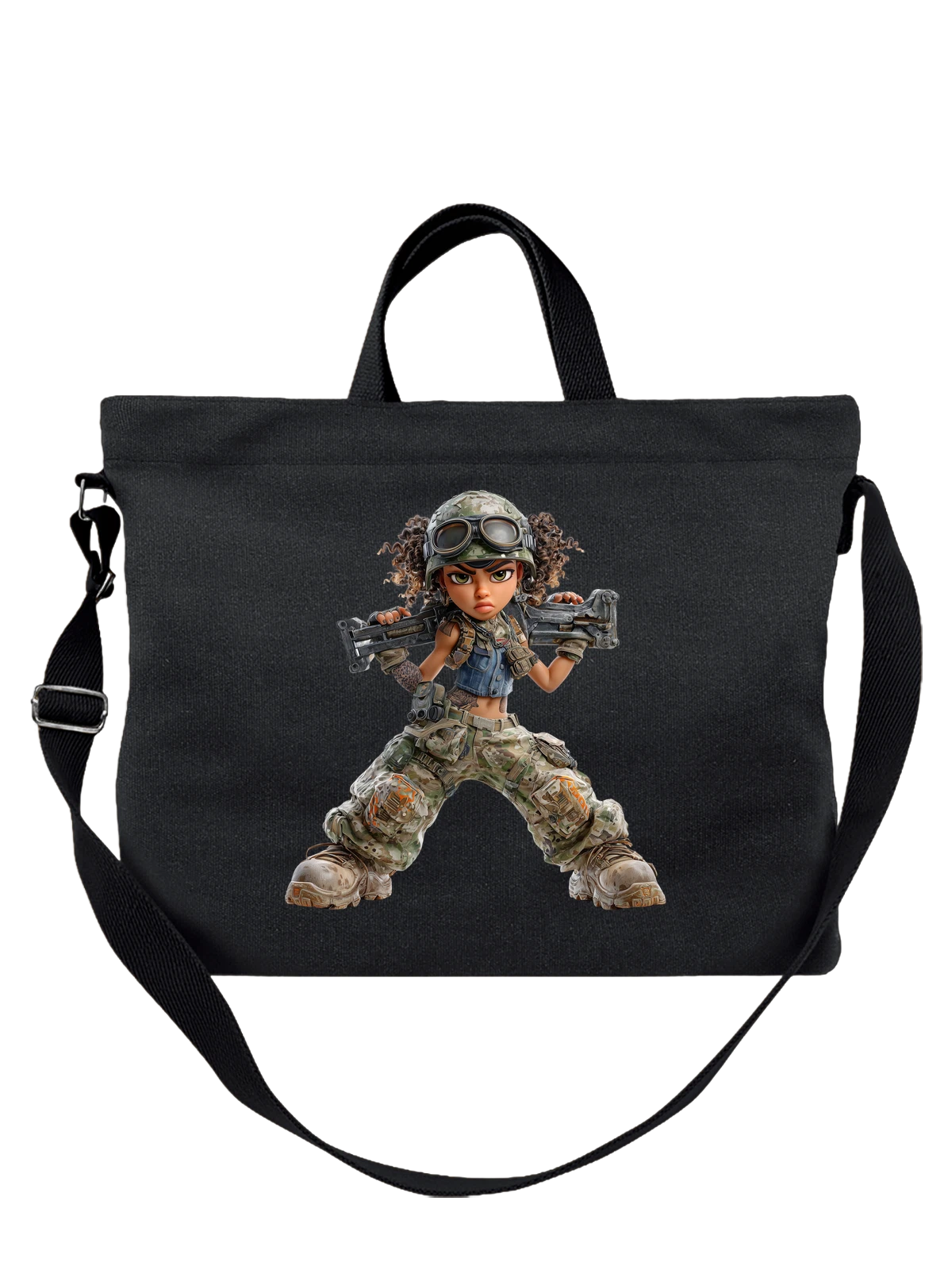 Сумка чёрная с принтом Female soldier в камуфляже с автоматом — combat helmet — Чёрная, фото 1