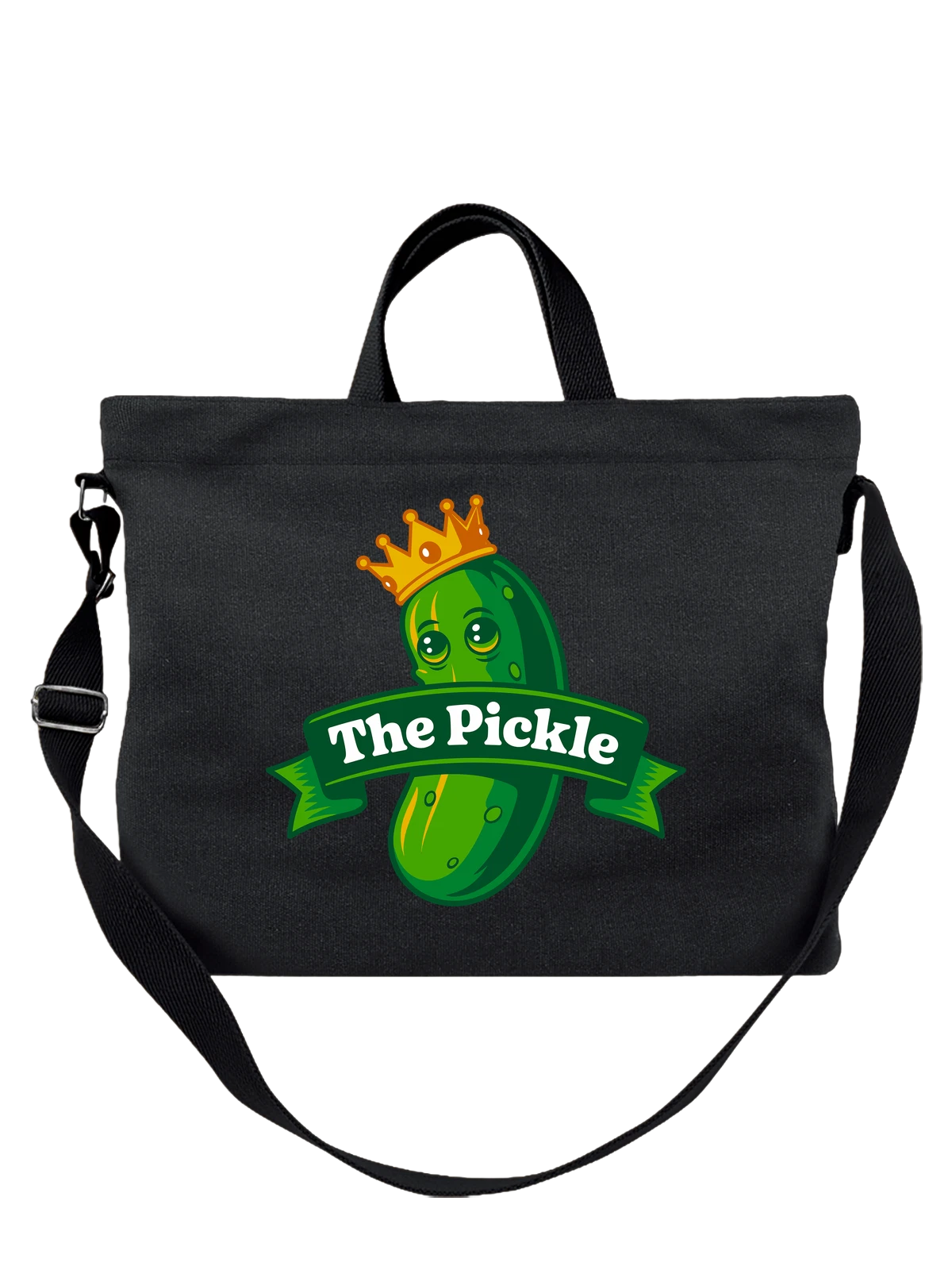 Сумка чёрная с принтом Огурец в короне The Pickle — забавный овощ — Чёрная, фото 1