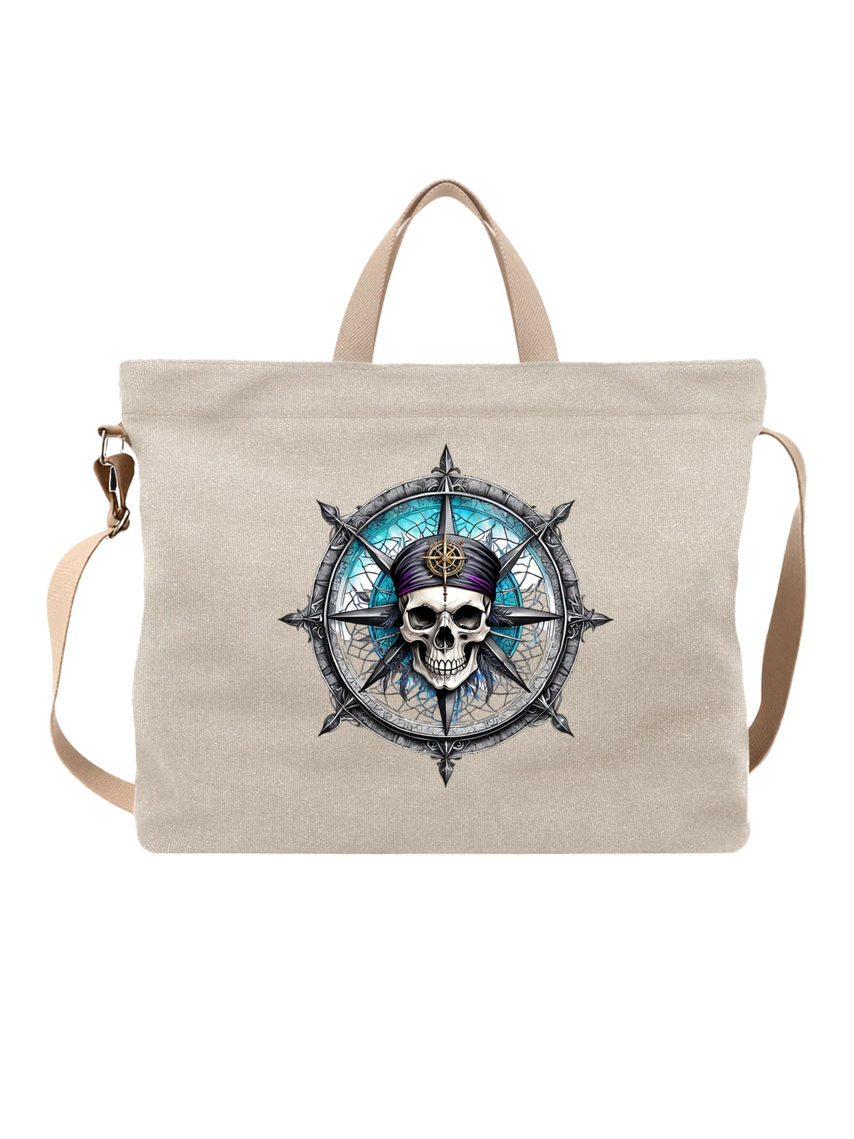 Сумка Pirate skull с компасной розой и банданой белая с принтом — nautical theme — Белая, фото 1