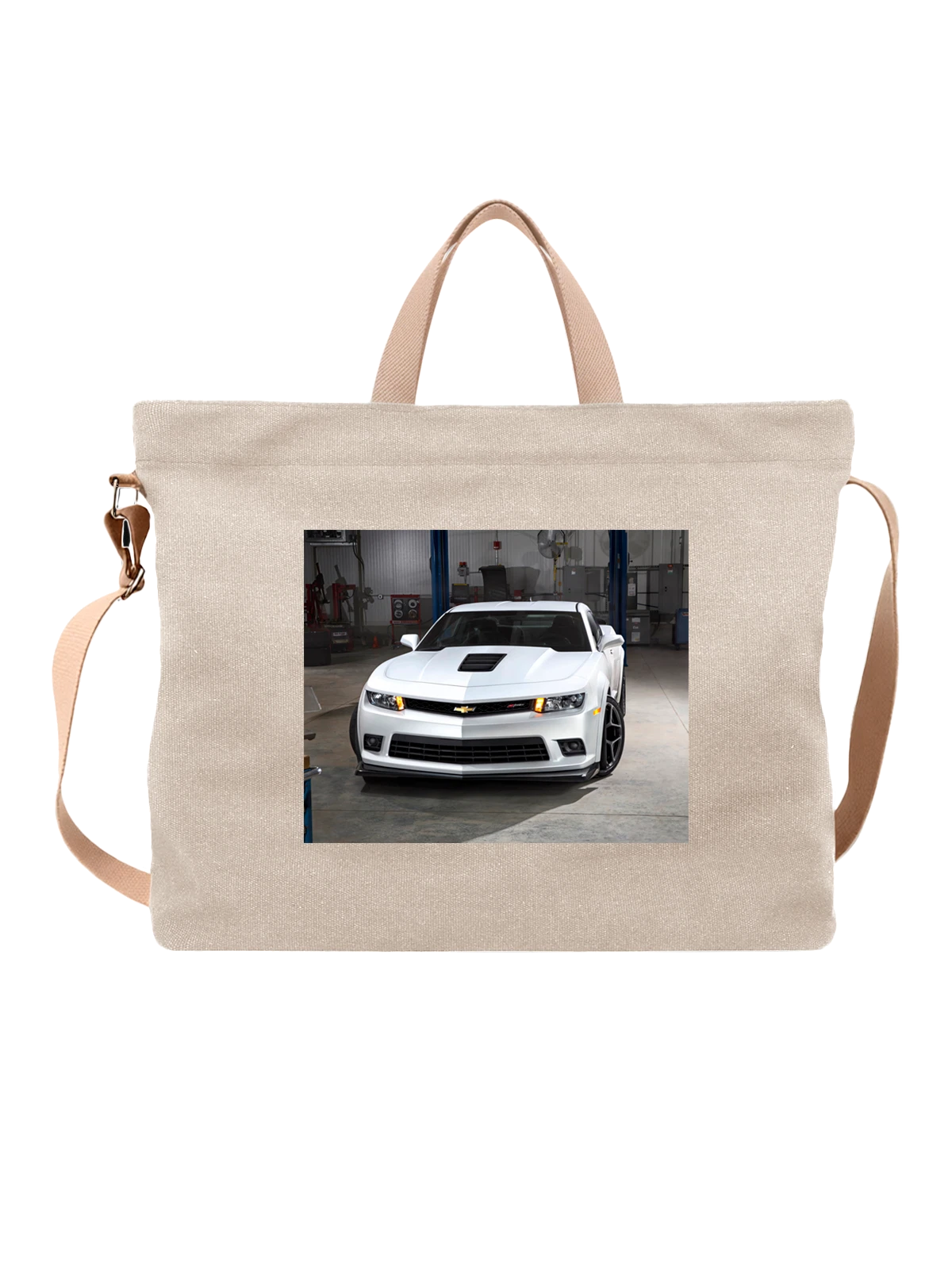 Сумка бежевая с принтом Машина белый Chevrolet — автоспорт — Бежевая, фото 1