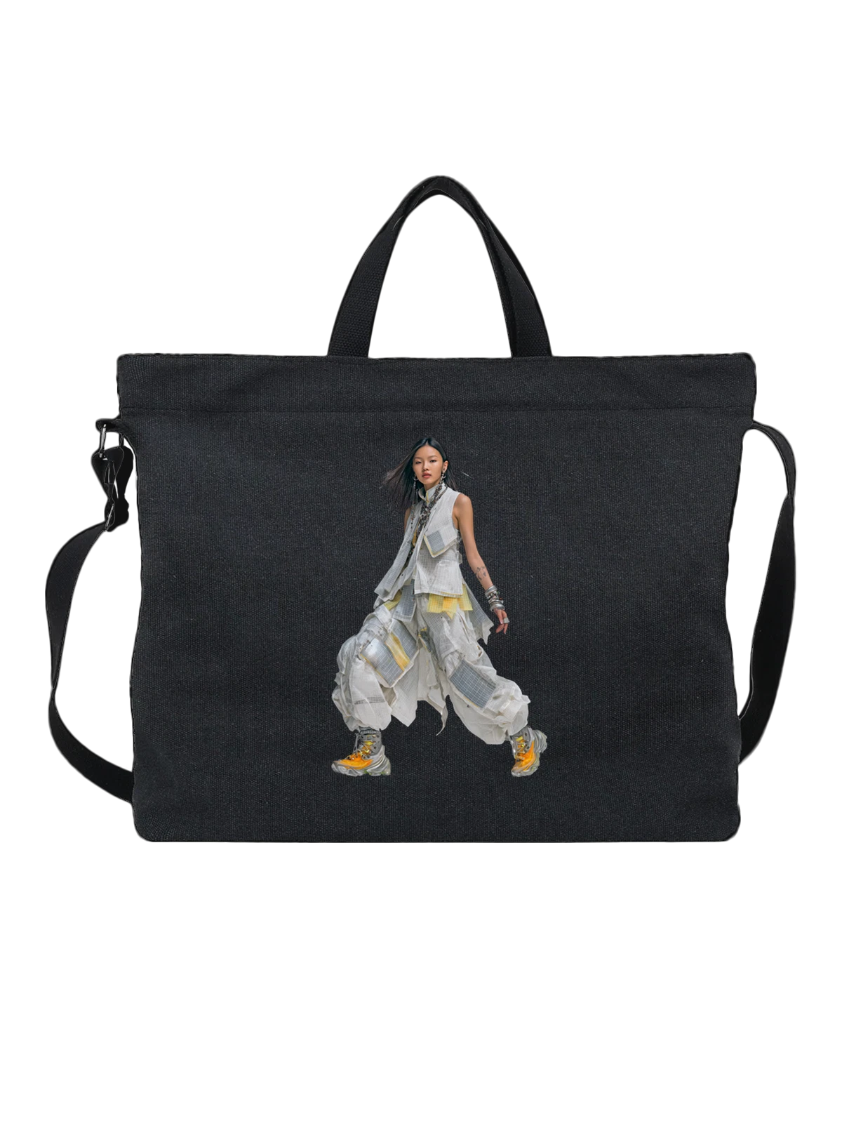 Сумка чёрная с принтом Азиатская модель в авангардном наряде — fashion illustration — Чёрная, фото 1