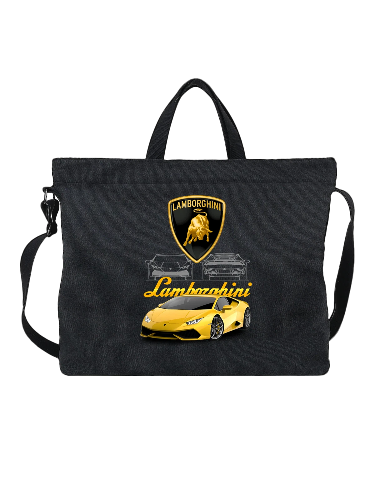 Сумка чёрная с принтом Жёлтый Lamborghini Huracan с эмблемой быка — итальянский автомобиль — Чёрная, фото 1