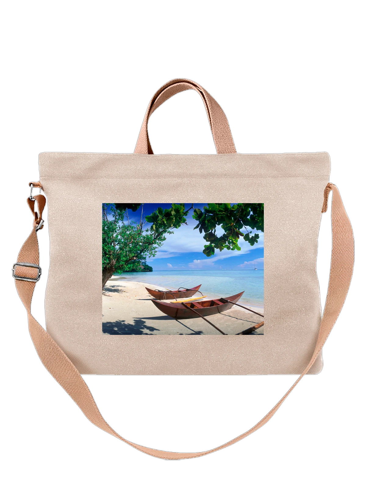 Сумка бежевая с принтом Страна Hana Iti Beach Huahine Island Tahiti — урбанистический стиль — Бежевая, фото 1