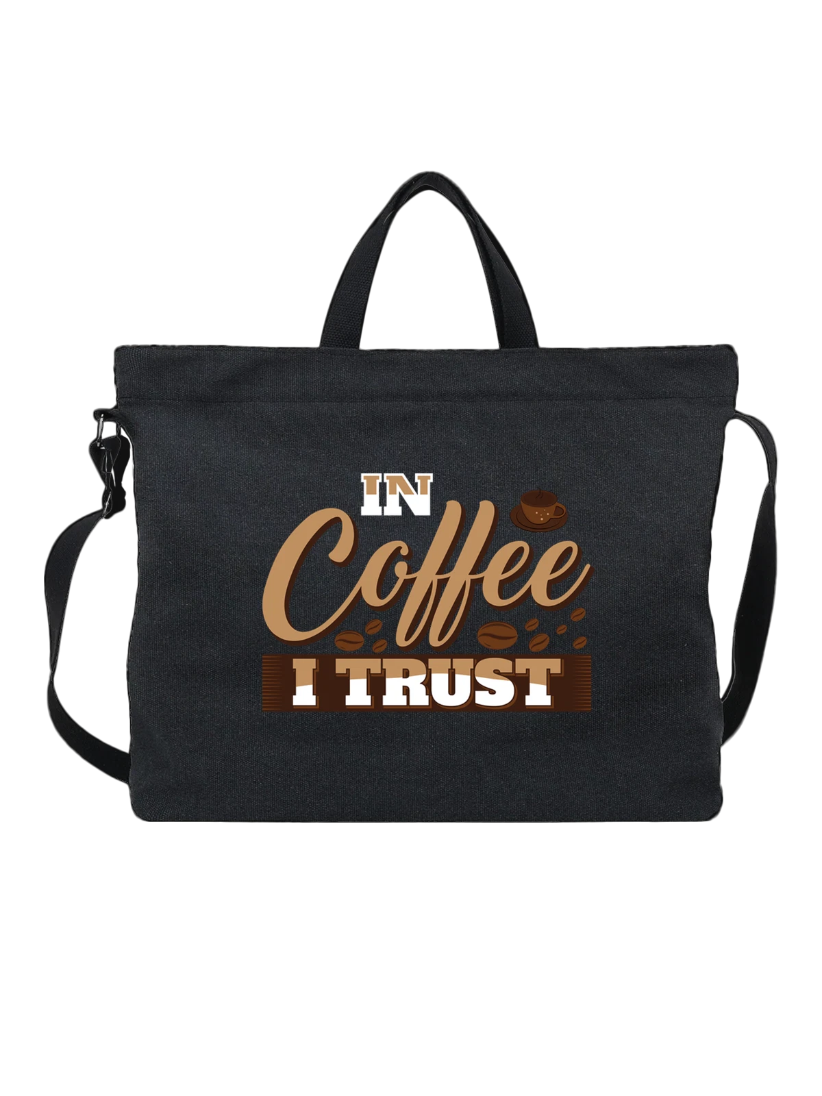 Сумка чёрная с принтом Coffee I Trust чашка и кофейные зерна — кофейный дизайн — Чёрная, фото 1