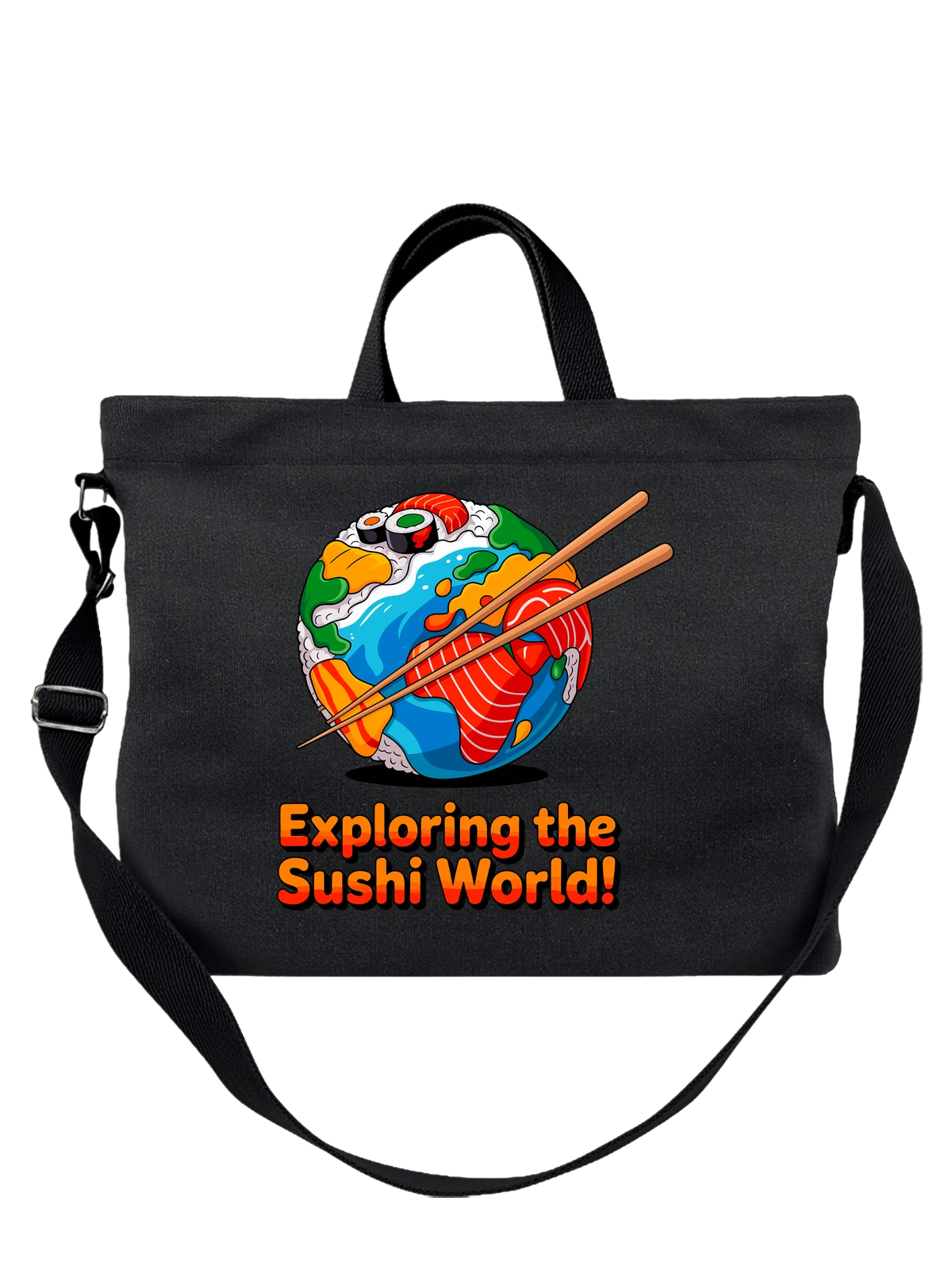 Сумка чёрная с принтом Суши планета Exploring the Sushi World — еда — Чёрная, фото 1
