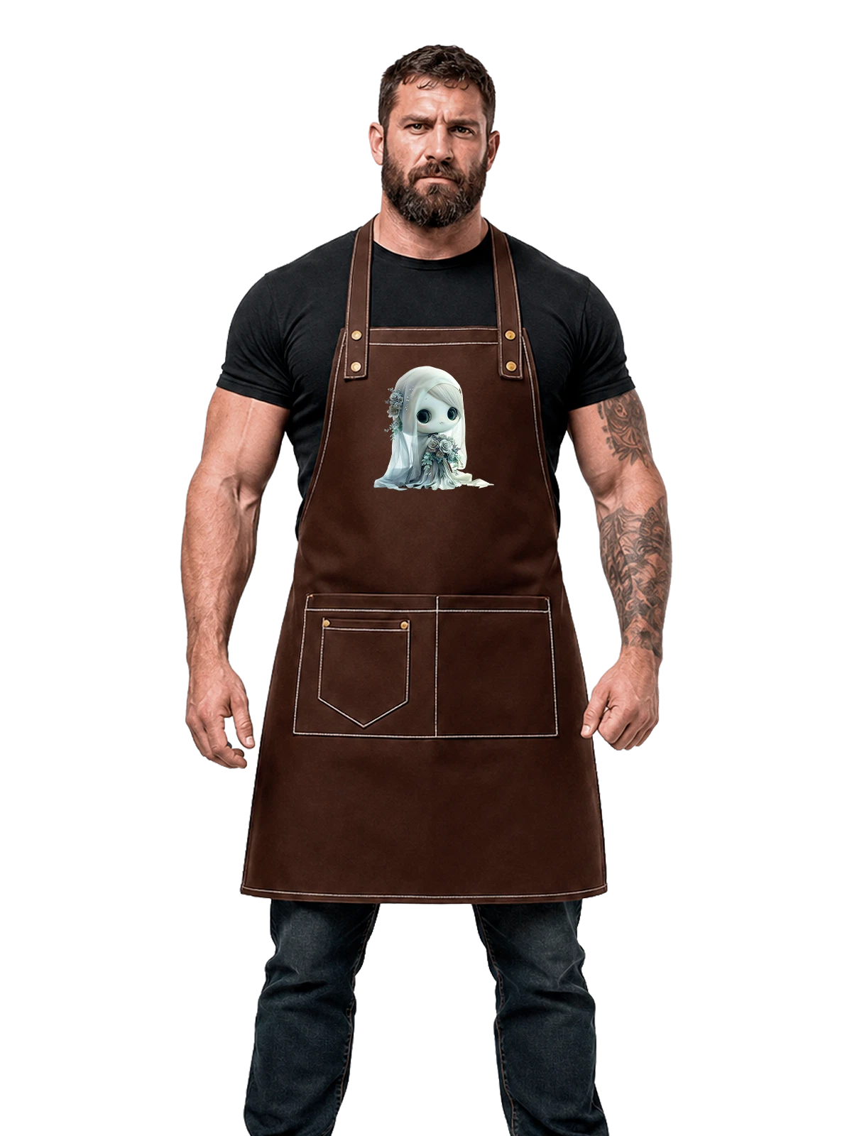 Фартук коричневый с принтом Кукла-невеста в белом платье — нежные лепестки — Коричневый, фото 1