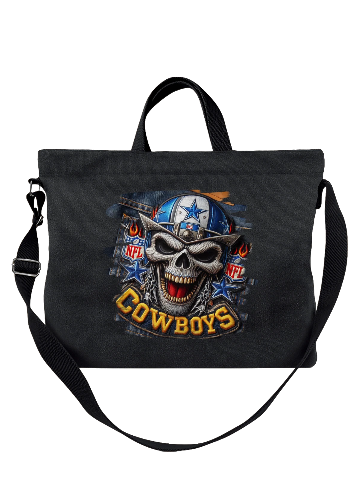 Сумка Dallas Cowboys skull в шляпе и огне чёрная с принтом — череп в стиле американского футбола — Чёрная, фото 1