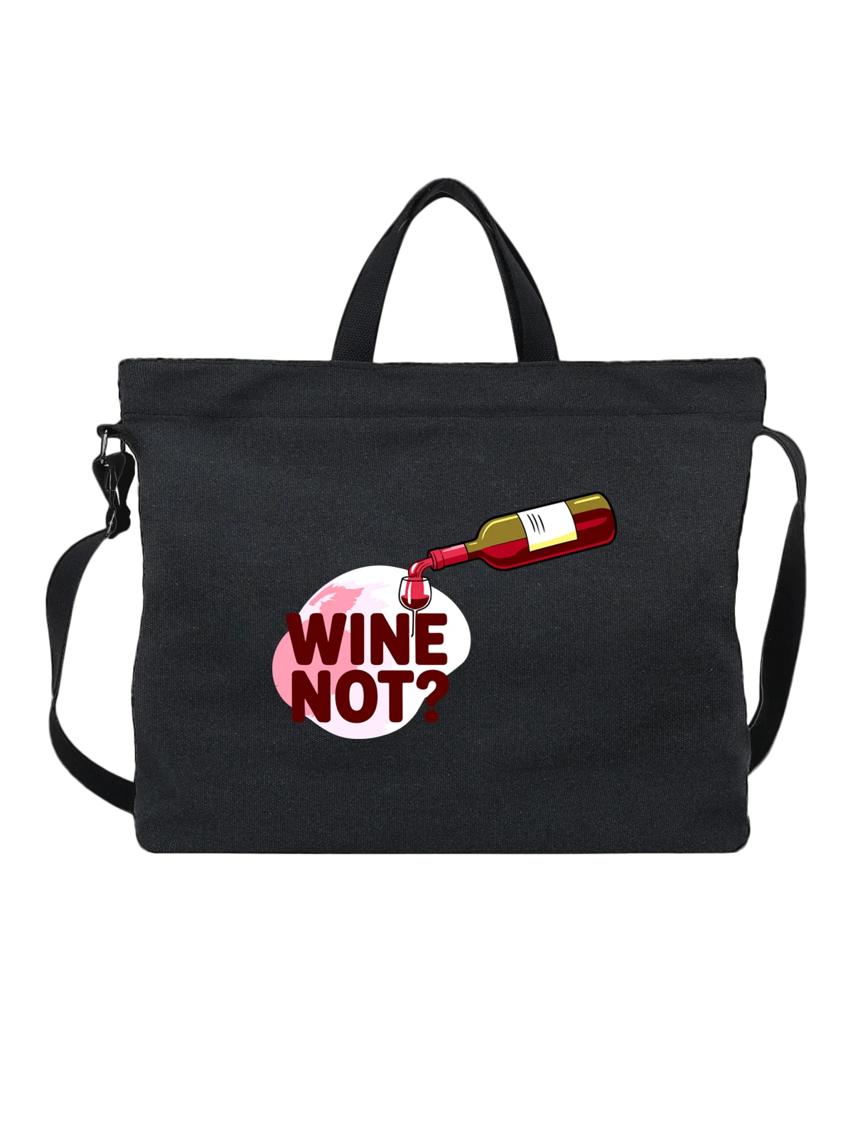 Сумка чёрная с принтом Wine Not с бутылкой и бокалом вина — надпись wine not — Чёрная, фото 1