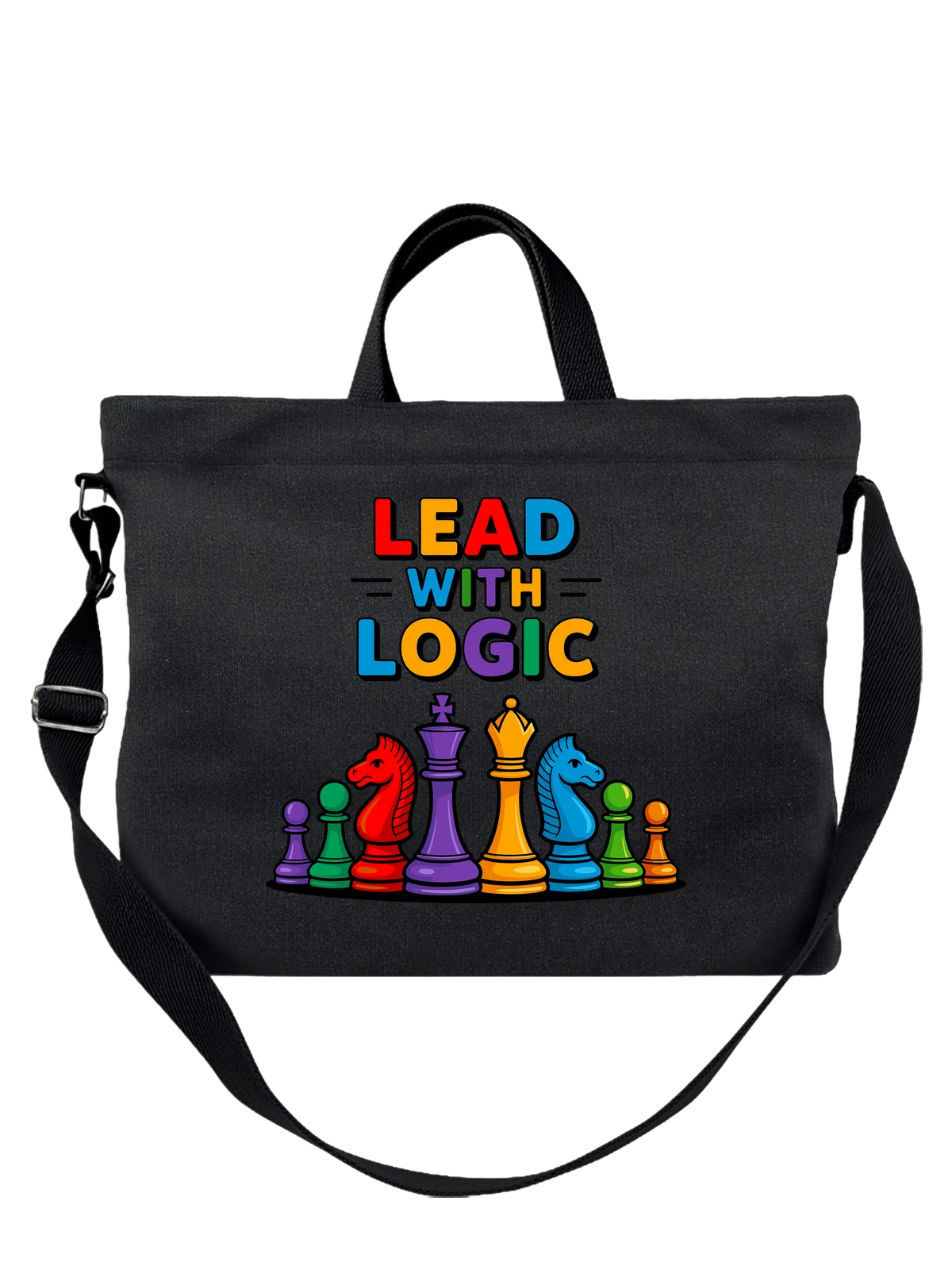 Сумка чёрная с принтом Шахматная надпись Lead with Logic и фигуры — шахматный дизайн — Чёрная, фото 1