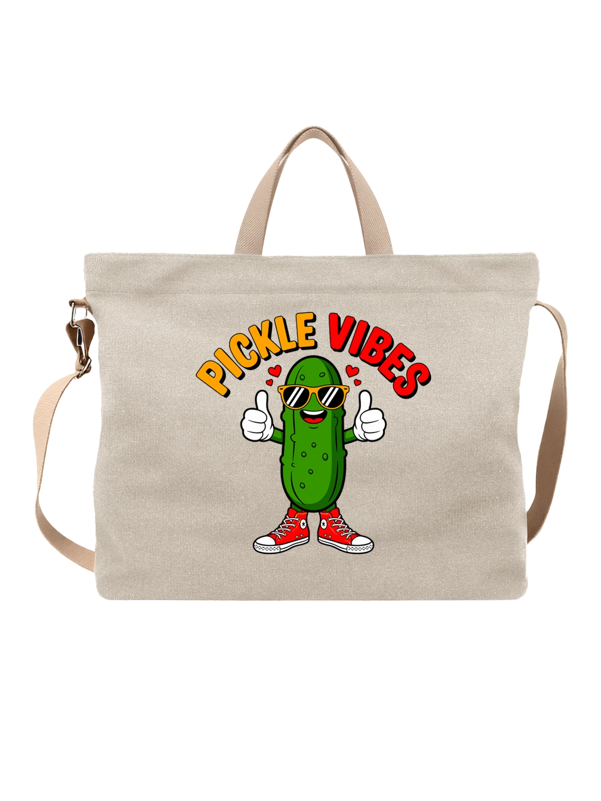 Сумка бежевая с принтом Огурец в очках и кедах Pickle Vibes — огурец с кедами — Бежевая, фото 1