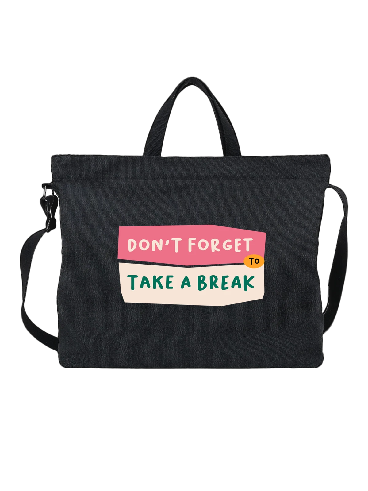 Сумка чёрная с принтом с надписью Don’t Forget Take A Break — бежевый фон — Чёрная, фото 1