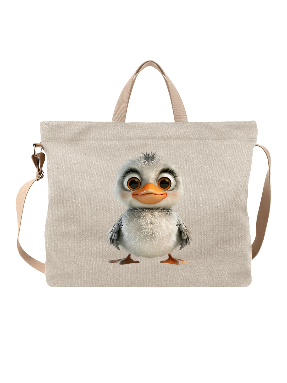 Сумка бежевая с принтом с мультяшным утёнком и большими глазами — orange beak — Бежевая, фото 1