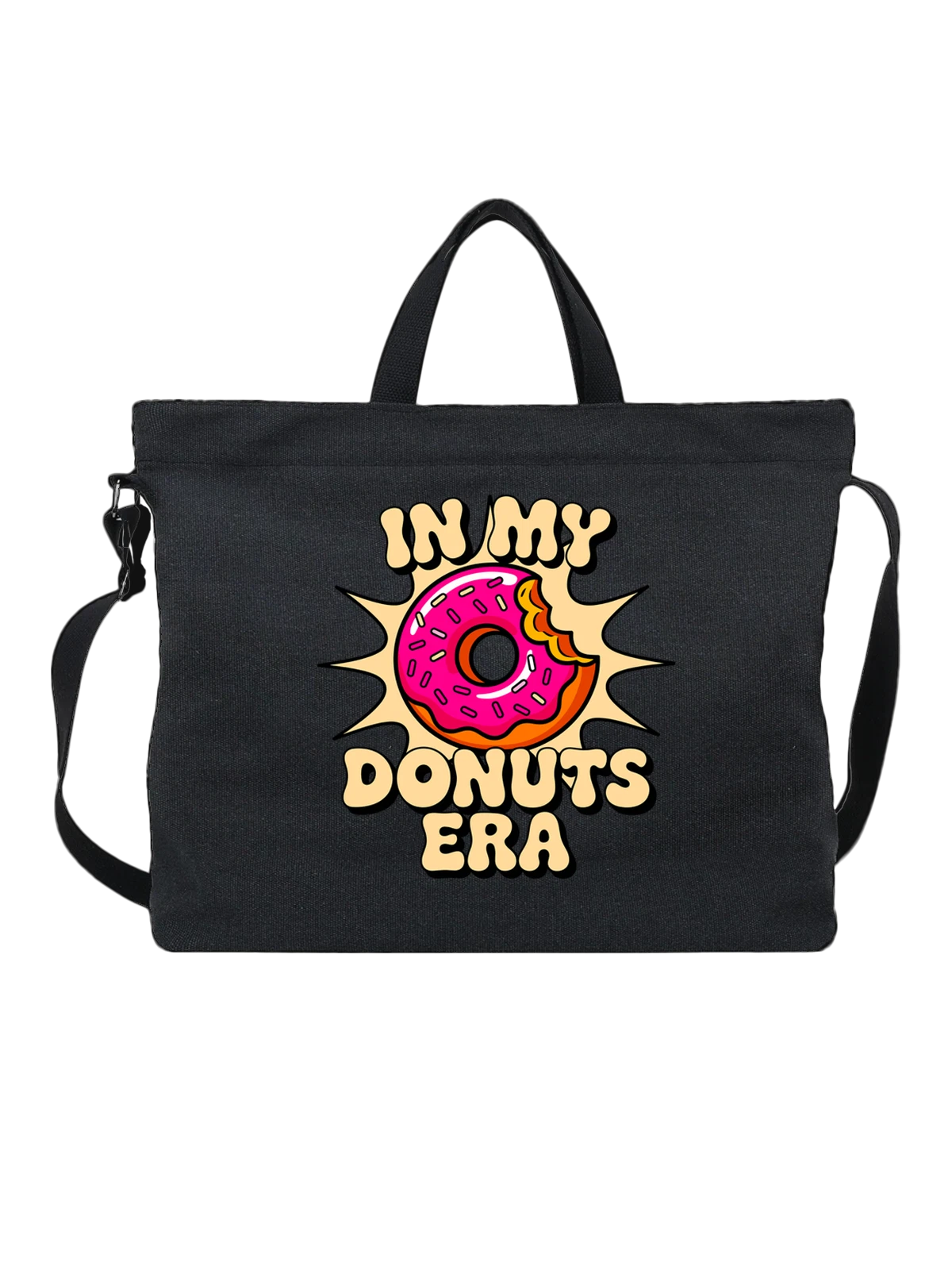 Сумка чёрная с принтом Пончик In My Donuts Era с надписью — пончик с посыпкой — Чёрная, фото 1