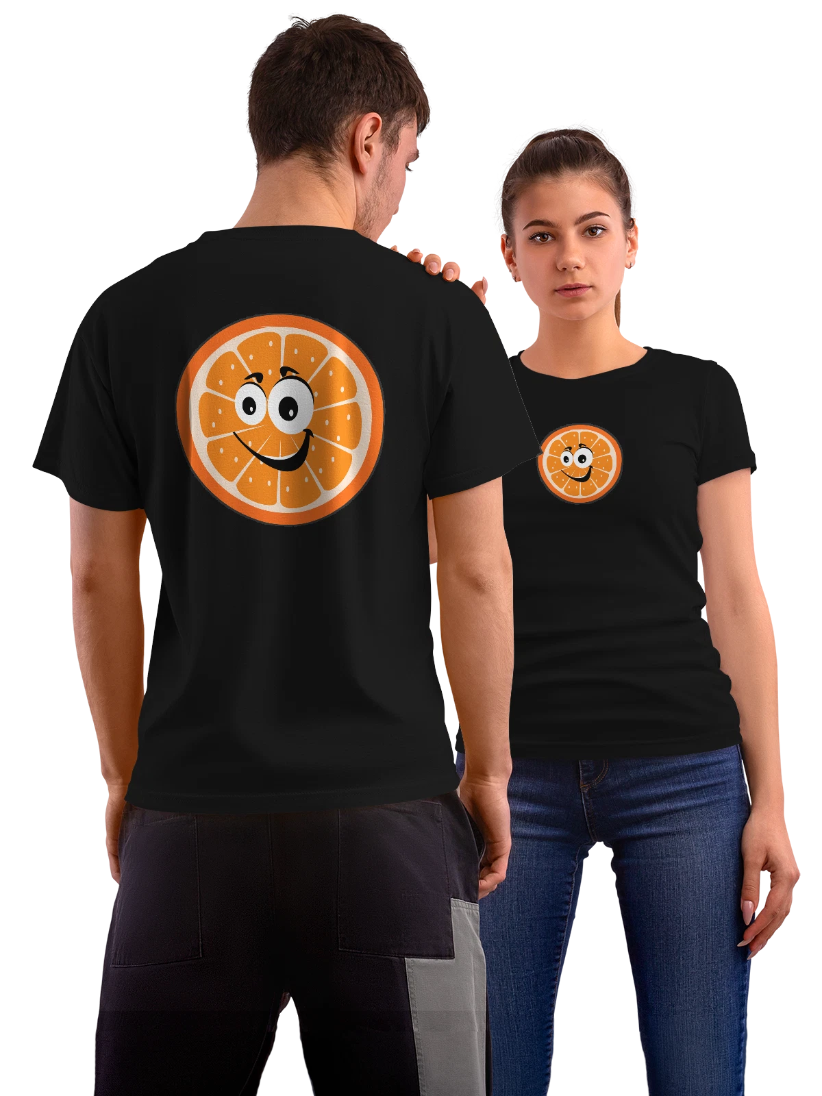 Футболка Улыбающийся апельсин в разрезе чёрная с принтом на спине — оранжевый фрукт — Чёрная, фото 1