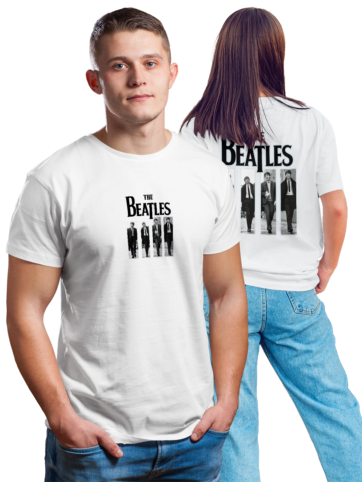 Футболка The Beatles на городской улице белая с принтом на спине — уличная сцена — Белая, фото 1