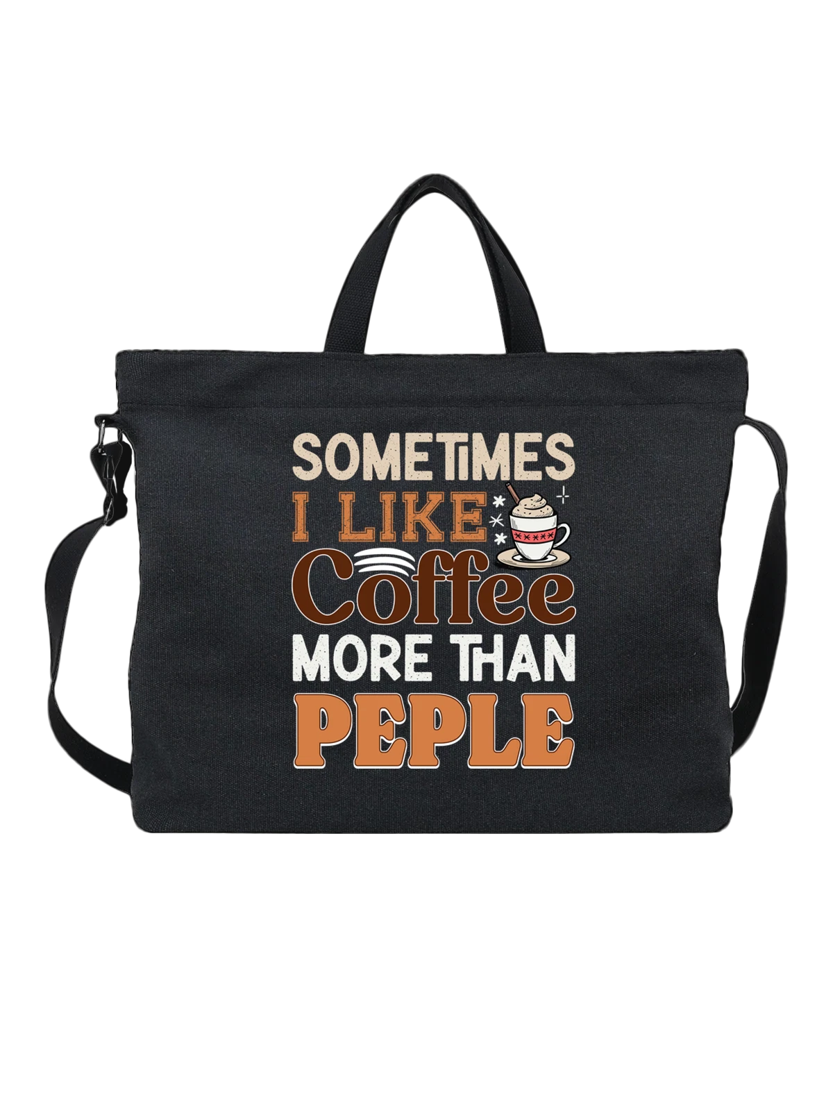 Сумка чёрная с принтом Coffee People с чашкой кофе и надписью — кофейный принт — Чёрная, фото 1