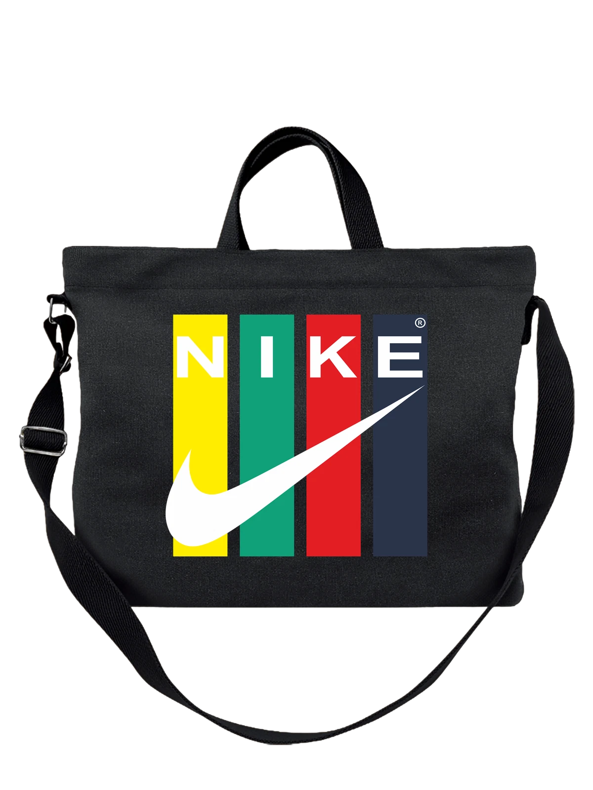 Сумка Nike с крупным логотипом и цветными полосами чёрная с принтом — брендовый дизайн — Чёрная, фото 1