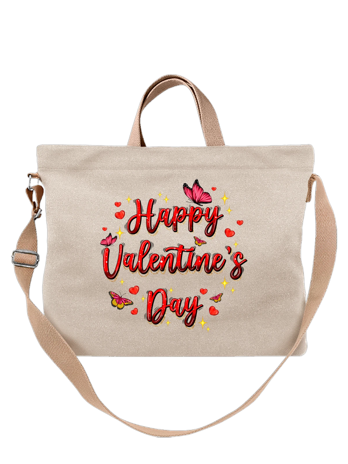 Сумка бежевая с принтом Happy Valentines Day с бабочкой и сердцами — сердца — Бежевая, фото 1