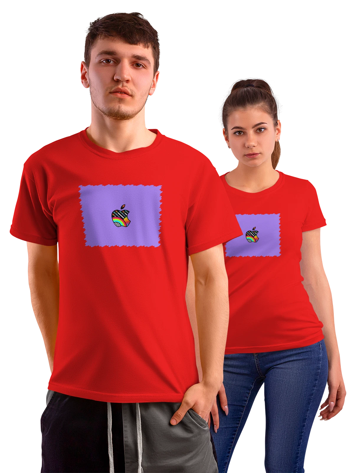 Футболка Компьютер Разноцветный логотип Apple красная с принтом — геометрические формы — Красная, фото 1
