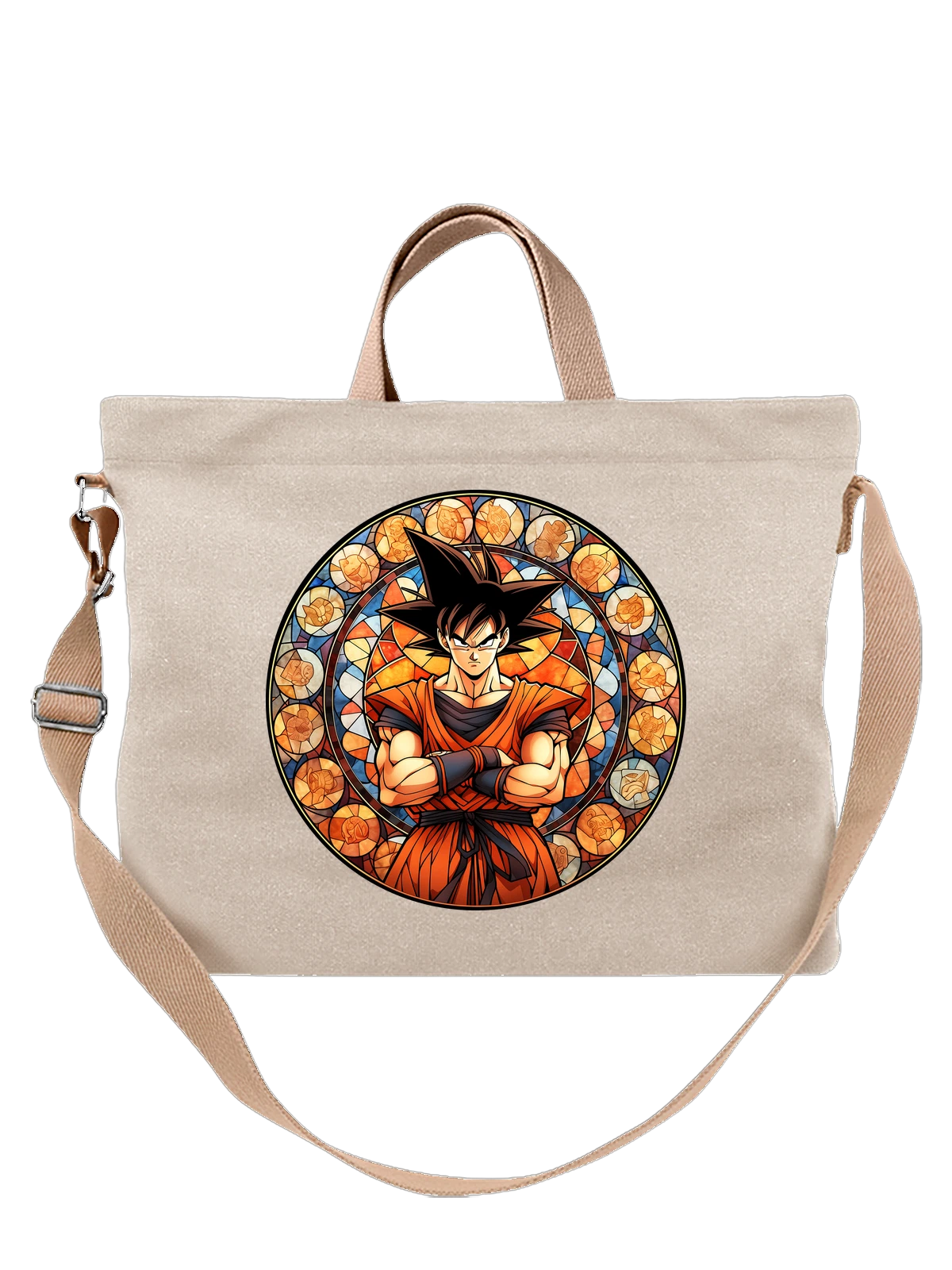 Сумка бежевая с принтом Гоку в оранжевом кимоно Dragon Ball Z — круглый орнамент — Бежевая, фото 1