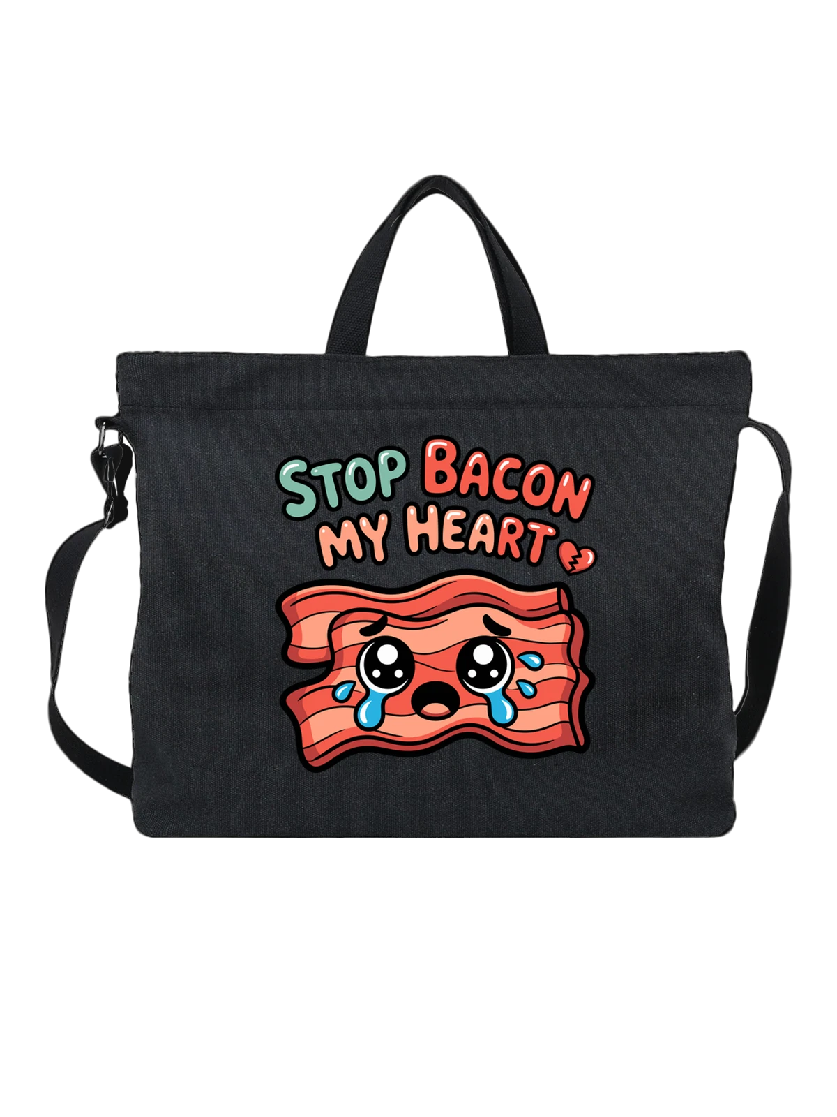 Сумка чёрная с принтом Грустный бекон с надписью Stop Bacon My Heart — пищевой персонаж — Чёрная, фото 1
