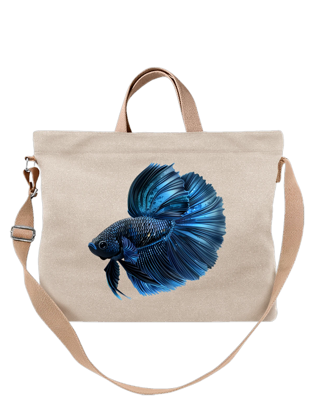 Сумка бежевая с принтом с сиамской бойцовой Siamese fighting fish, синяя — длинные плавники — Бежевая, фото 1