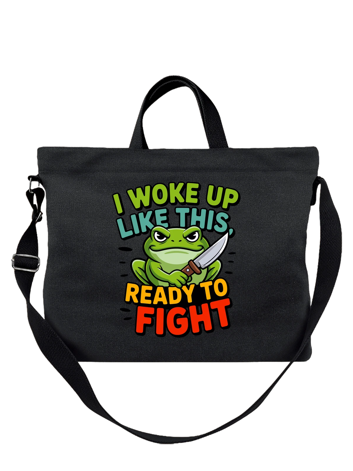 Сумка чёрная с принтом Лягушка с ножом и надписью Ready To Fight — ready to fight — Чёрная, фото 1