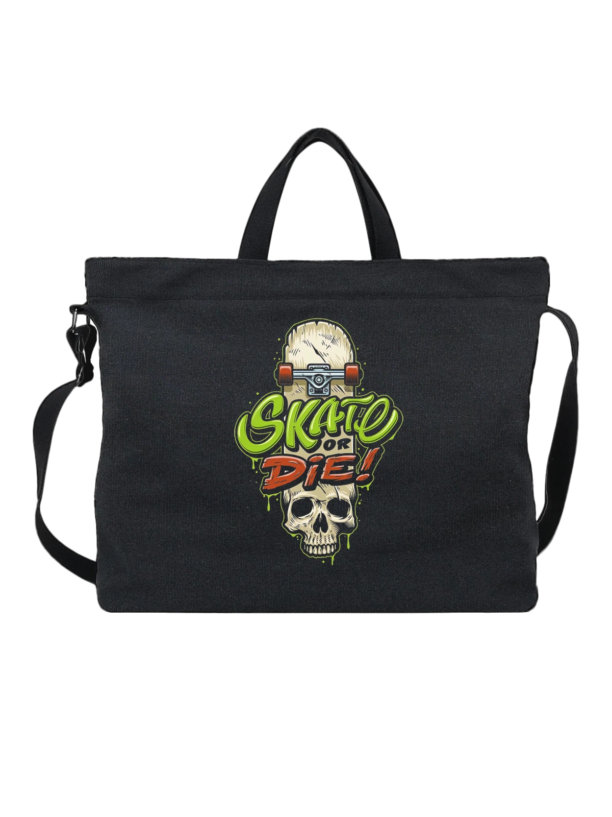 Сумка чёрная с принтом Череп на скейтборде с надписью Skate Die — skate art — Чёрная, фото 1
