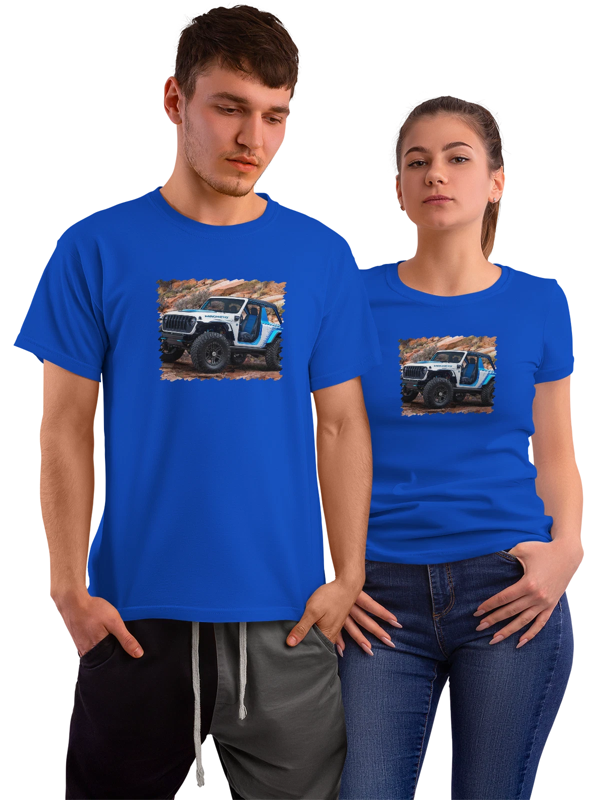 Футболка Машина Jeep Wrangler Magneto Electric SUV синяя с принтом — мощный двигатель — Синяя, фото 1