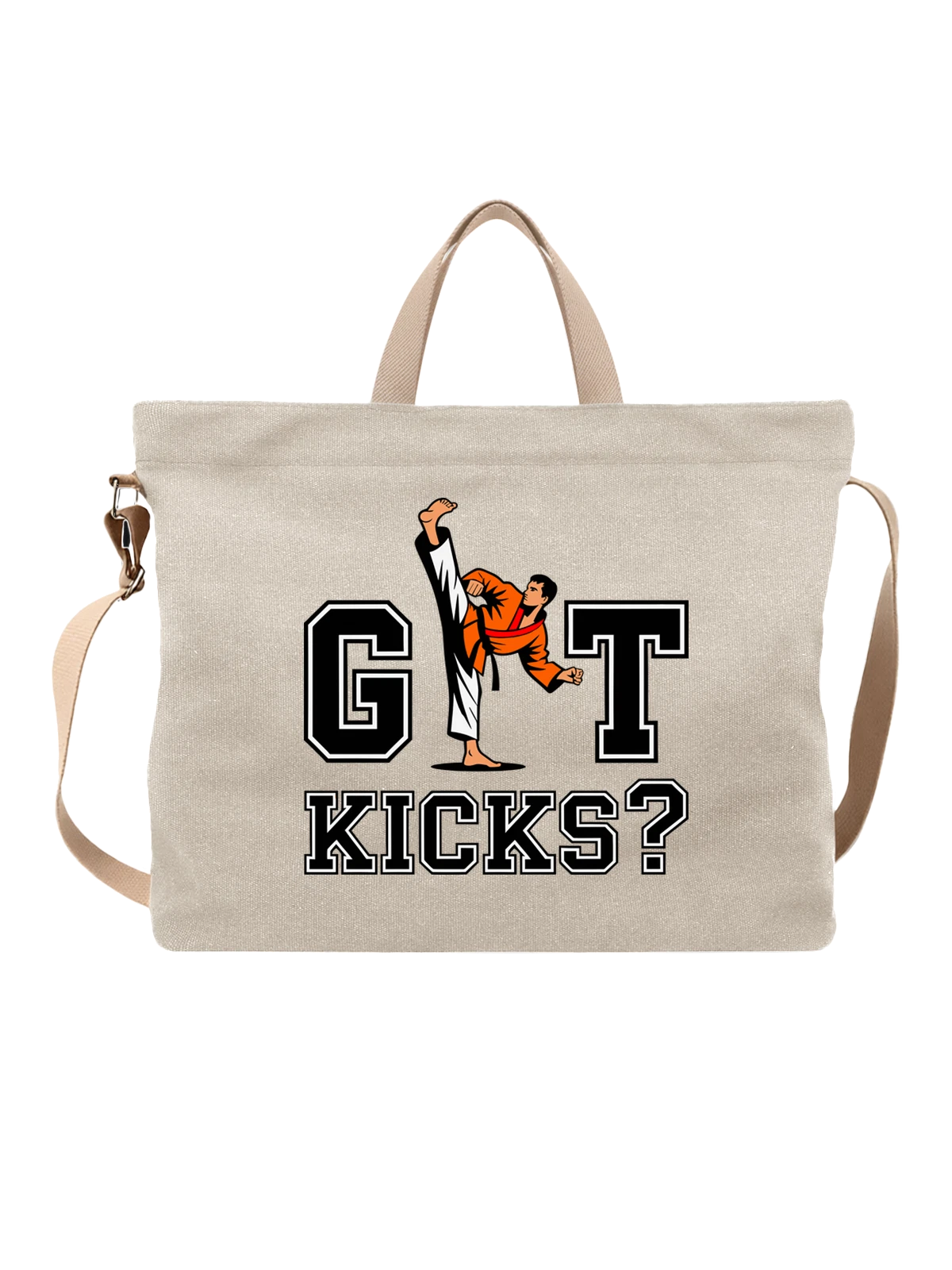 Сумка бежевая с принтом Каратист с высоким ударом ногой GT Kicks — удар ногой в прыжке — Бежевая, фото 1