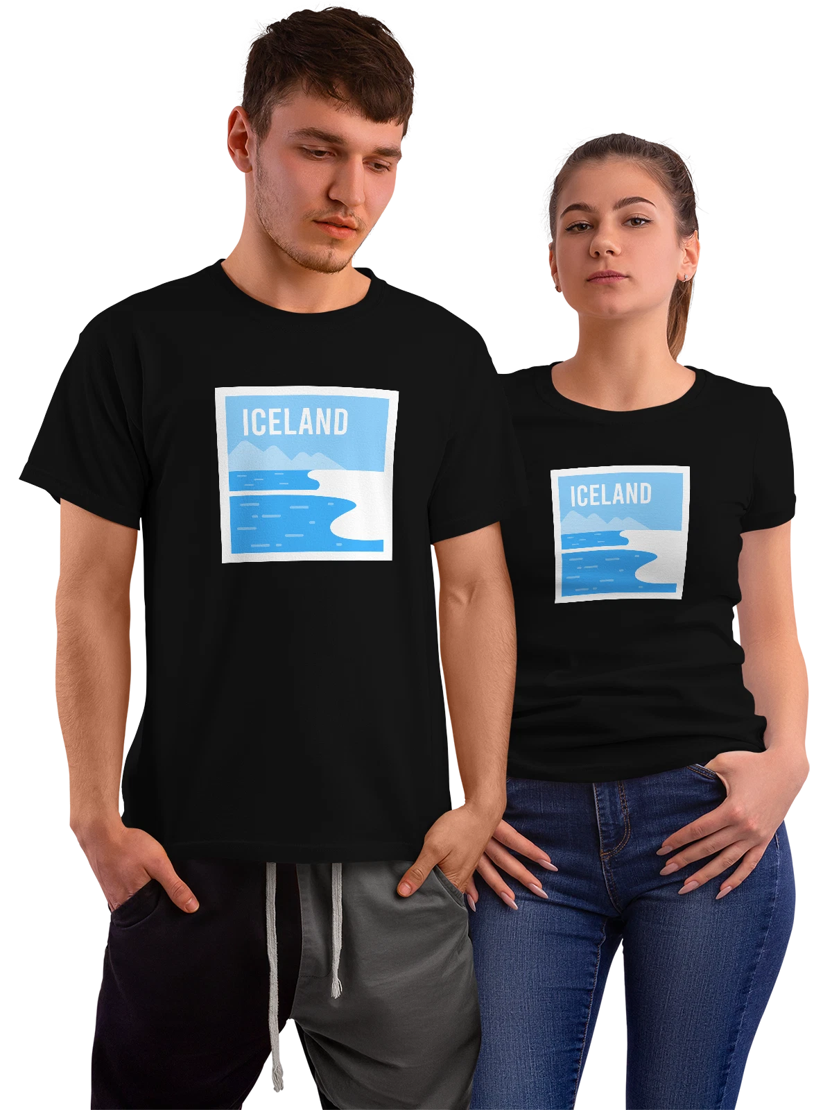 Футболка Iceland с горами и фьордами чёрная с принтом — голубые тона — Чёрная, фото 1