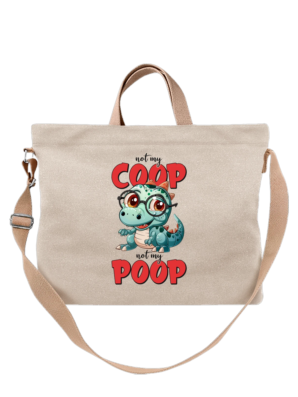 Сумка бежевая с принтом Динозавр в очках с надписями COOP и POOP — крупные красные надписи — Бежевая, фото 1