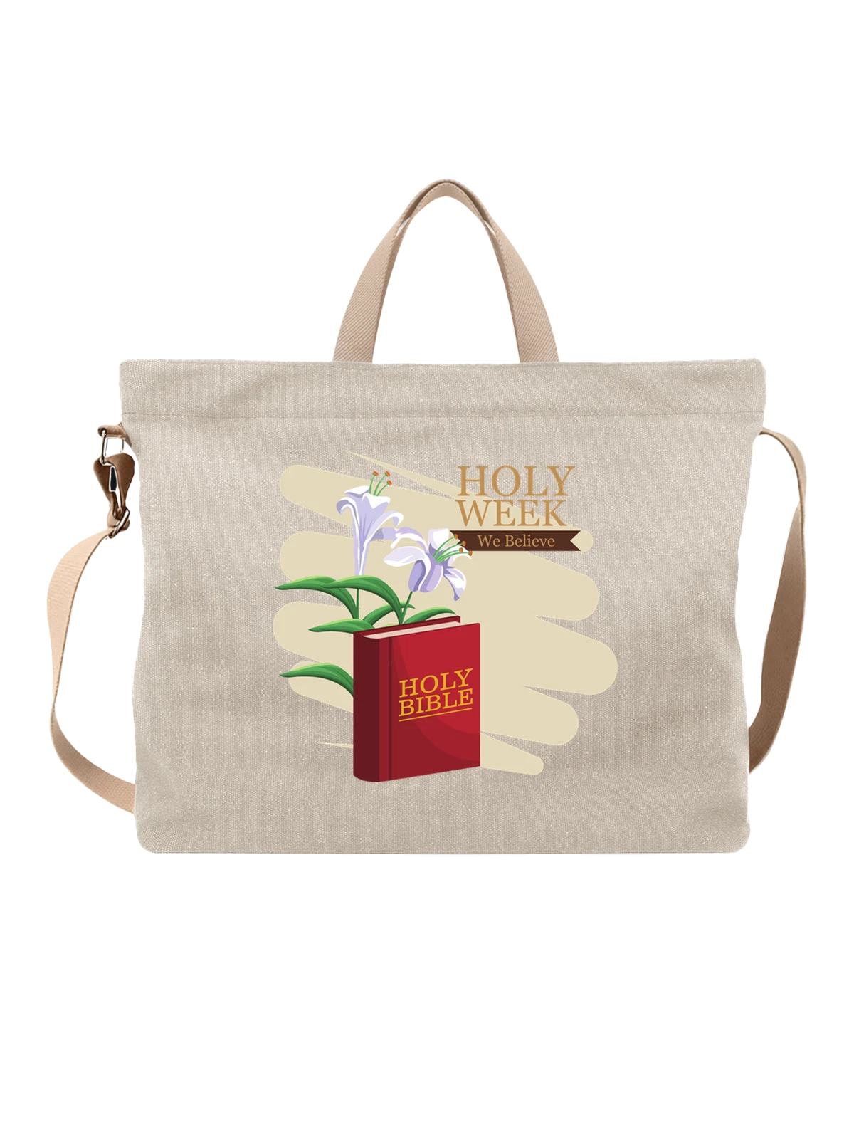 Сумка бежевая с принтом Holy Bible с белыми лилиями и We Believe — белые лилии — Бежевая, фото 1