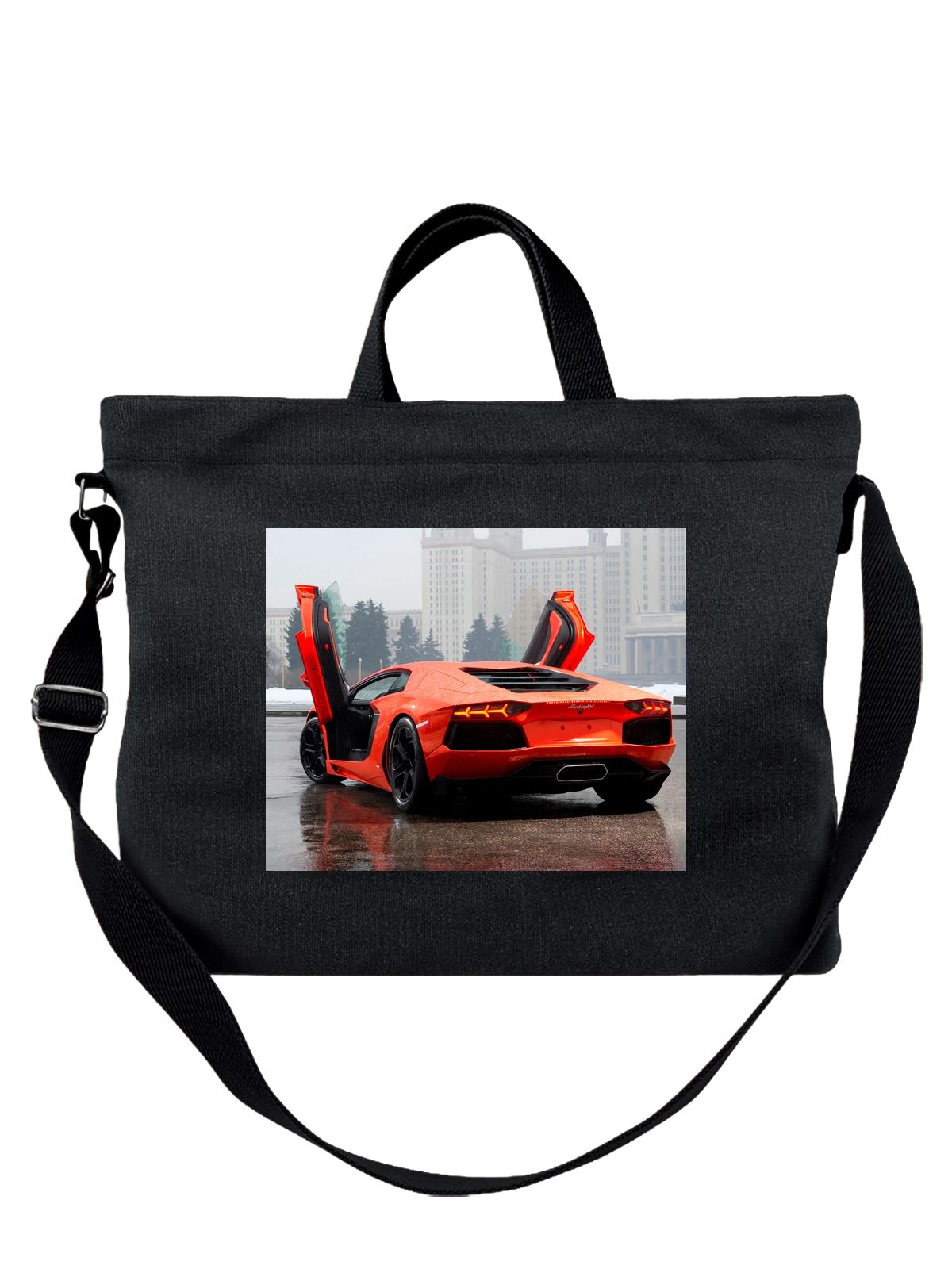 Сумка чёрная с принтом Машина огненно красная lamborghini — тюнинг автомобиля — Чёрная, фото 1