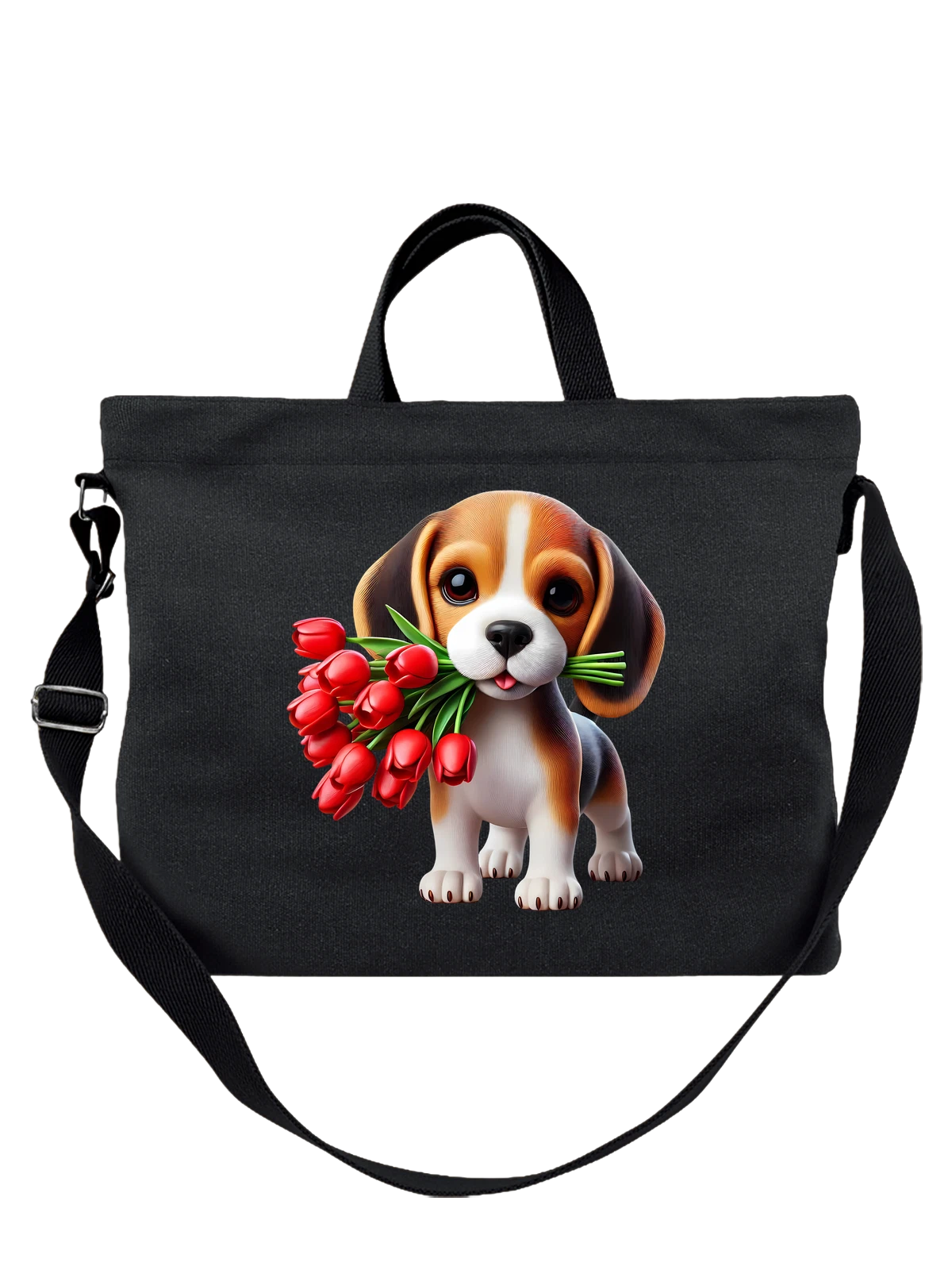 Сумка Beagle puppy с букетом красных тюльпанов чёрная с принтом — красные тюльпаны — Чёрная, фото 1