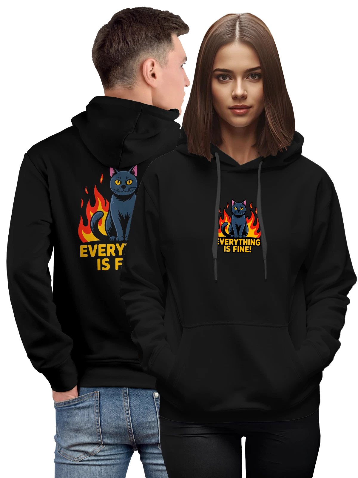 Худи кот в огне, Everything Is Fine чёрное с принтом — сатирический принт — Чёрная, фото 1