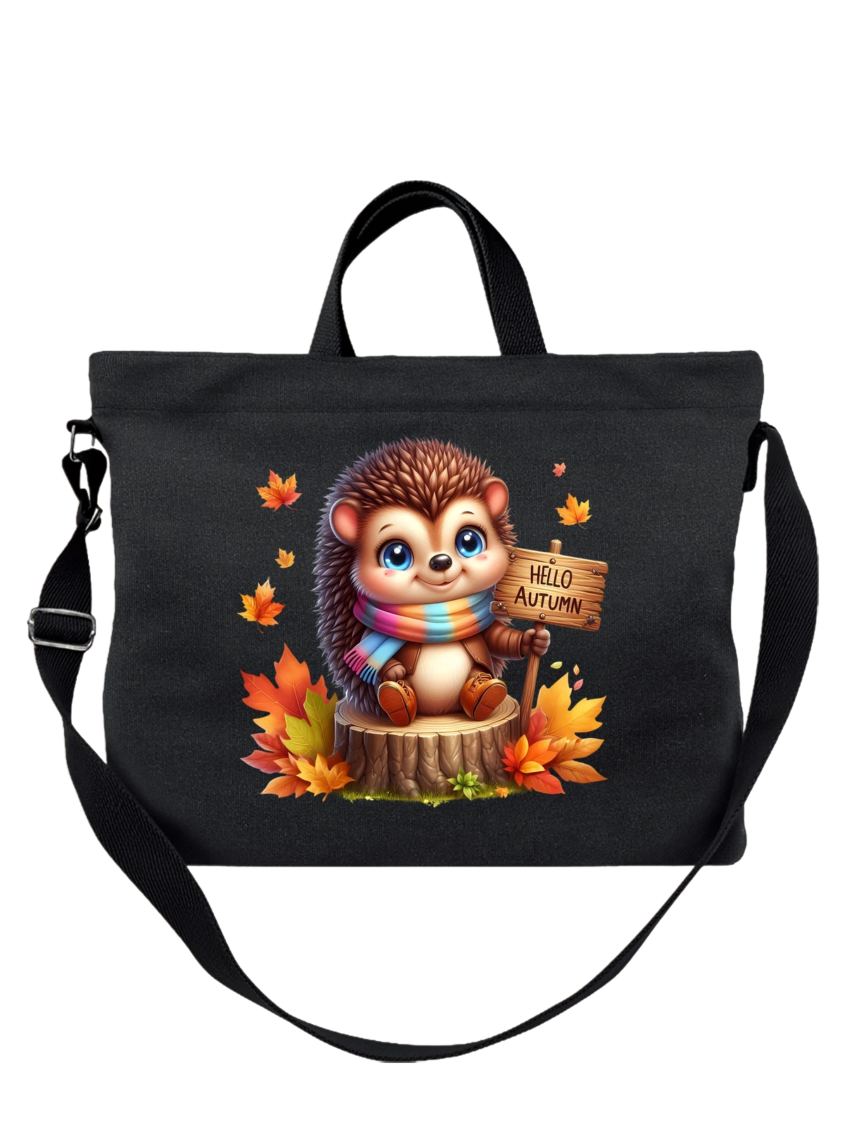 Сумка Милый ёжик с табличкой Hello Autumn чёрная с принтом — табличка — Чёрная, фото 1