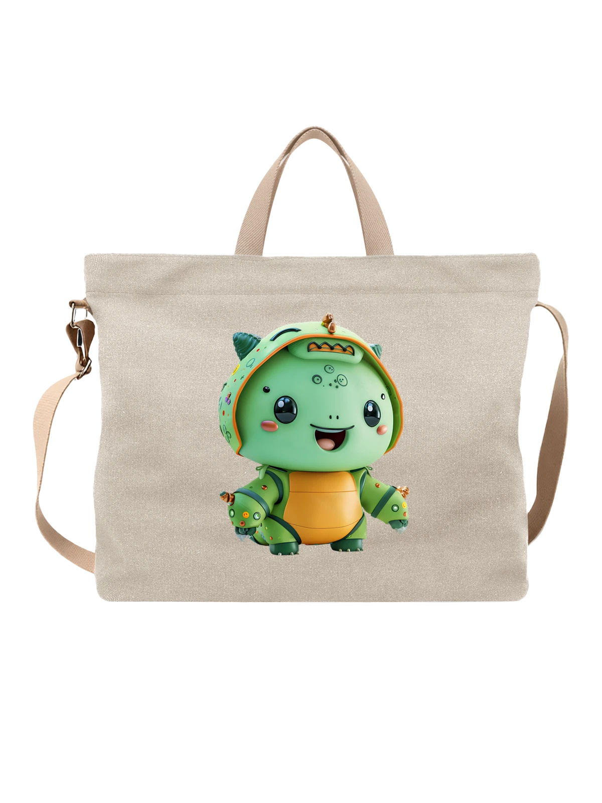 Сумка бежевая с принтом с baby dragon: милый зеленый малыш — дракончик в капюшоне — Бежевая, фото 1