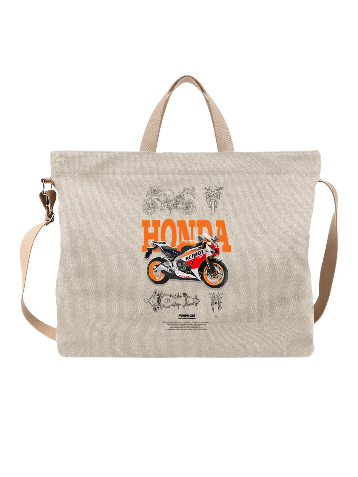 Сумка бежевая с принтом Мотоцикл Honda Repsol гоночный байк MotoGP — мотоцикл Honda — Бежевая, фото 1