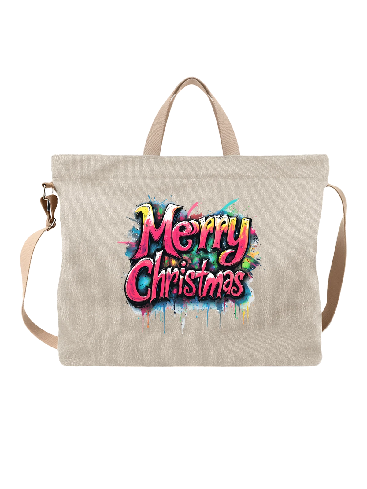 Сумка бежевая с принтом Merry Christmas в ярком граффити стиле — яркие буквы — Бежевая, фото 1