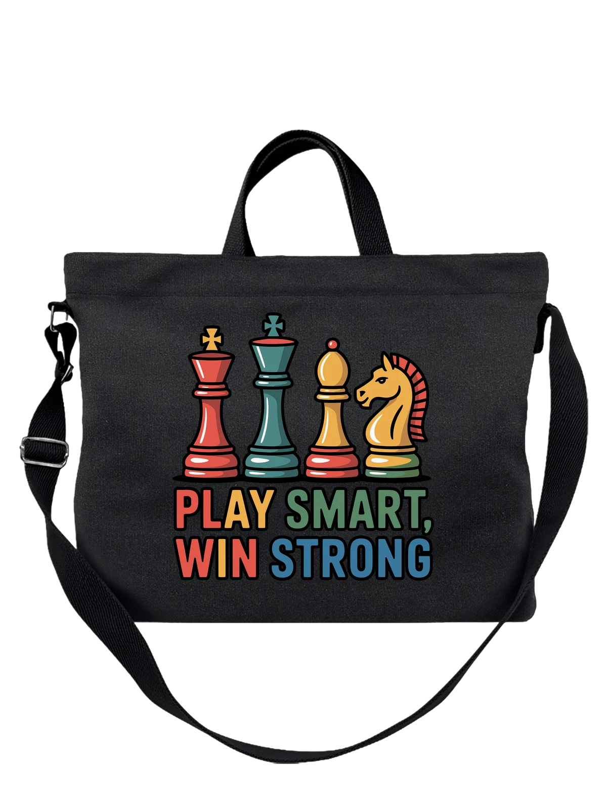 Сумка чёрная с принтом Шахматы с надписью Play Smart Win Strong — шахматная стратегия — Чёрная, фото 1