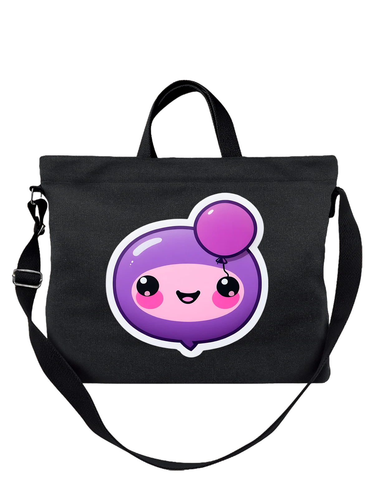 Сумка чёрная с принтом Фиолетовый смайлик шарик с милым лицом — детский принт — Чёрная, фото 1